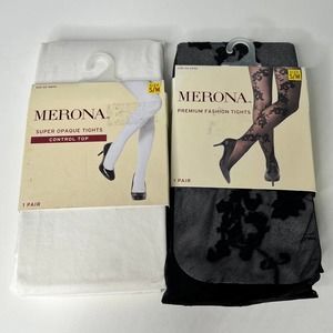Merona Two Pack Tights White Opaque Black Floral New S/M